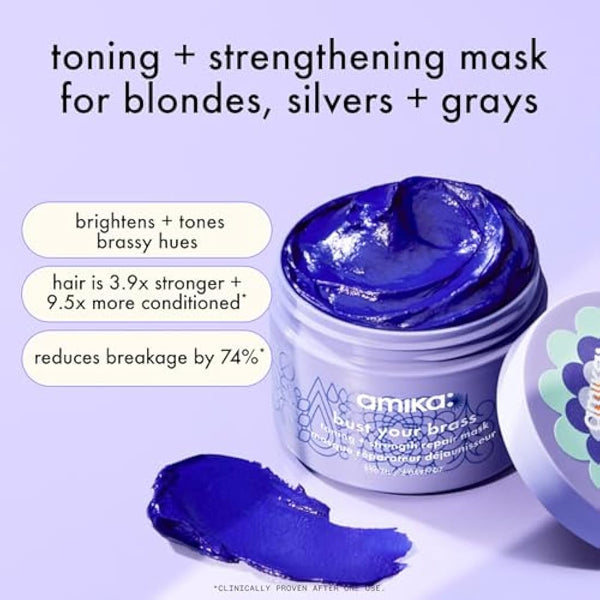 amika bust your brass toning + strength repair hair mask - strengthening + hydrating toner for blonde hair - ultra-violet pigments help brighten strands - helps reduce breakage (250 ml)