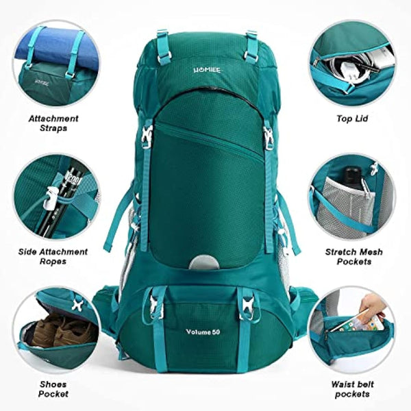 HOMIEE 50L Waterproof Hiking Backpack for Men Women, Lightweight Trekking Backpack with Rain Cover, Large Camping Rucksack for Outdoor Sports Travel Hiking Cycling Climbing Mountaineering