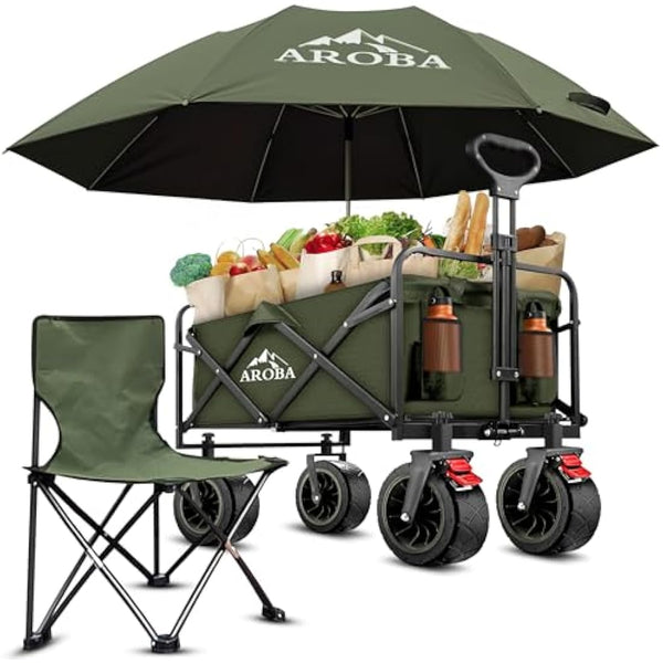 Heavy Duty Folding Festival Trolley – 300L Extra-Large – Includes Chair & Oversized Umbrella Collapsible Wagon with All-Terrain Wide Wheels, Adjustable Handle & 100KG Capacity (Dark Green)