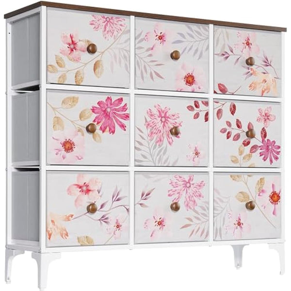 LYNCOHOME Chest of Drawers, Pink Bedroom Furniture with 9 Fabric Drawers, Storage Unit with Metal Frame and Wooden Top for Bedroom Living room, Nursery, Closet