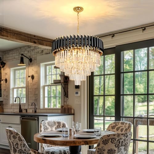 AOOCHOK Black and Gold Crystal Chandelier Pendant Light, Round Modern Crystal Chandelier for Dining Room, Living Room, Bedroom, Restaurant, E14 x 8, Φ60cm
