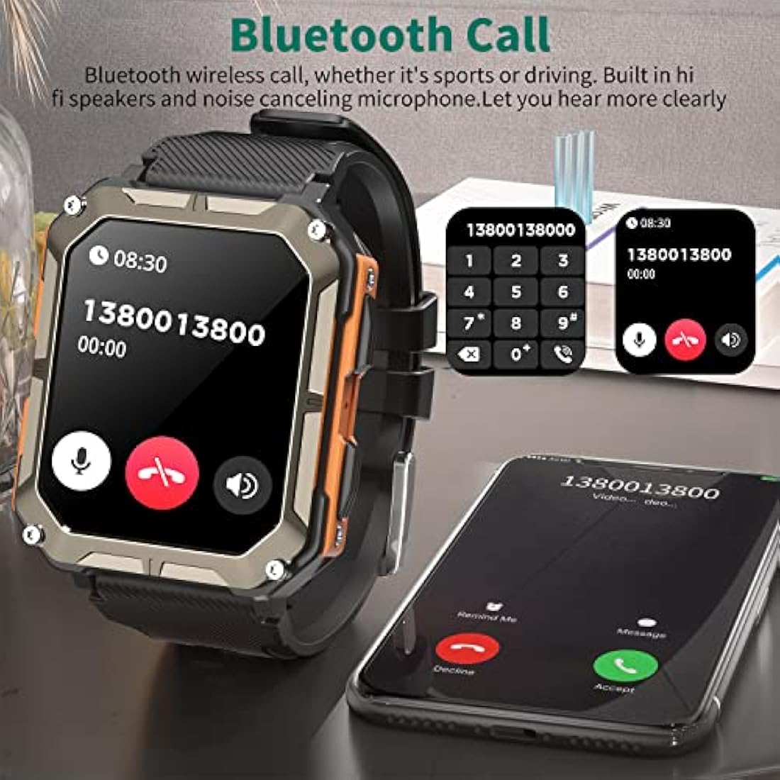 Smart watch military for men with call dials that can make calls and answer calls compatible for iOS Android, Fitness Activity tracker with IP68 Waterproof Ai voice, with 123 Sports Modes