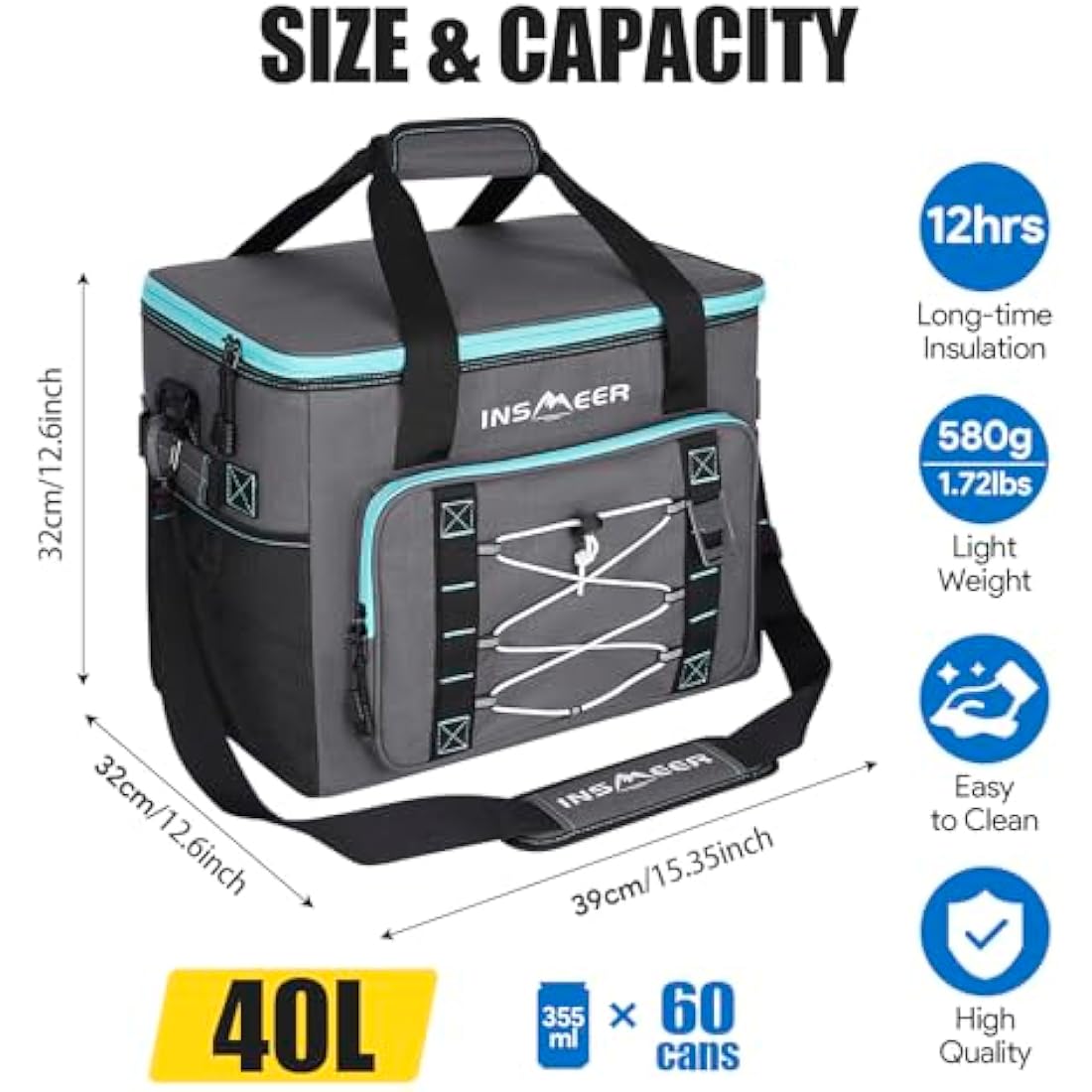 INSMEER Cool Bag 40L/60 Cans Large Cool Bags Insulated,Soft Cooler Leakproof/Portable/Collapsible/Foldable Cooler Bag, with Bottle Opener&Removable Shoulder Strap, for Beach Camping Picnic