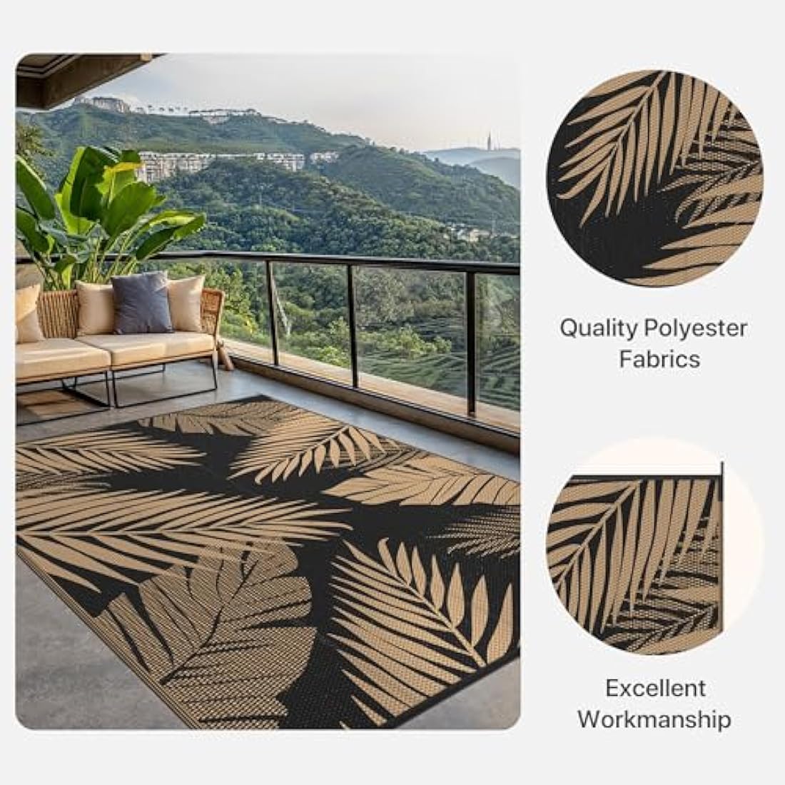 GENIMO Outdoor Rug 275 x 365 cm – Extra Large Waterproof Reversible Garden Rugs, UV Resistant & Washable Plastic Carpet for Patio, RV, Picnic, Backyard, Balcony – Black & Brown
