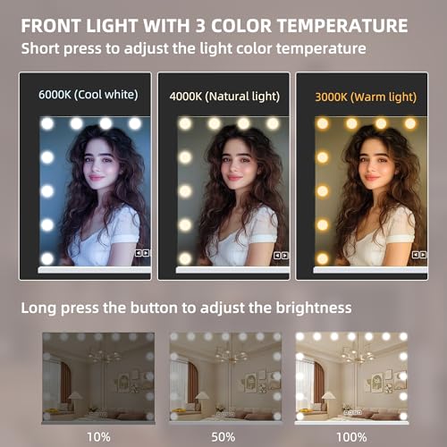 Hansong Bluetooth Hollywood Vanity Mirror with Lights, USB Charging, Touchscreen Control for Bedroom, Large 15 Dimmable LED Bulbs Makeup Mirror