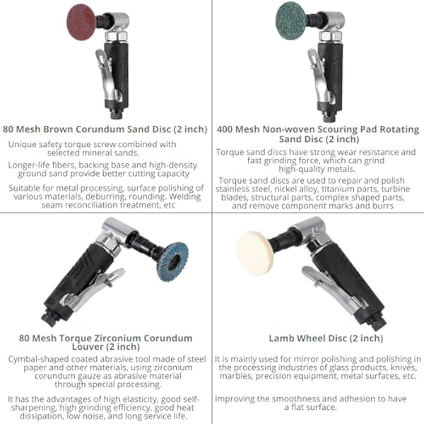 EYPINS Roloc Pneumatic Angle Grinder 1/4" 90psi (6.35 Bar) 20,000 RPM with 4 Different Discs 2 Chucks 3mm/6mm for Preparing Surfaces for Soldering, Polishing and Grinding Bodywork Lustre