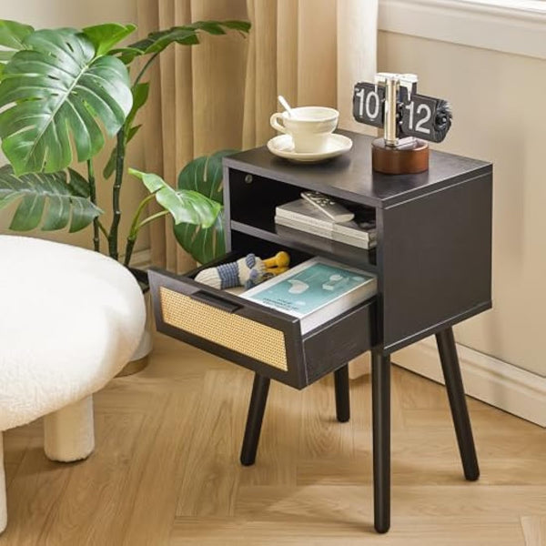 IBUYKE Rattan Nightstand, Boho Side Table with Drawer Open Shelf, Wood Accent Bedside Table, End Table with Legs for Bedroom, Living Room and Small Spaces, Black WNS009B