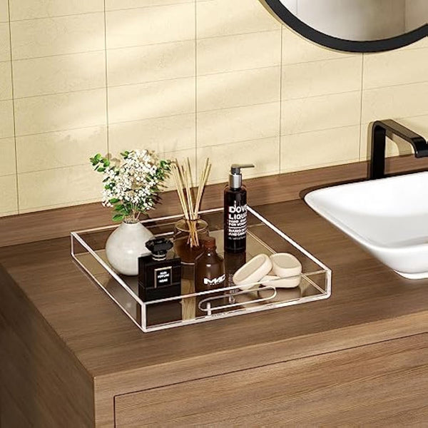 Clear Serving Tray 12x16 Inches/ 30x40 cm -Spill Proof- Acrylic Decorative Tray Organiser for Ottoman Coffee Table Countertop with Handles