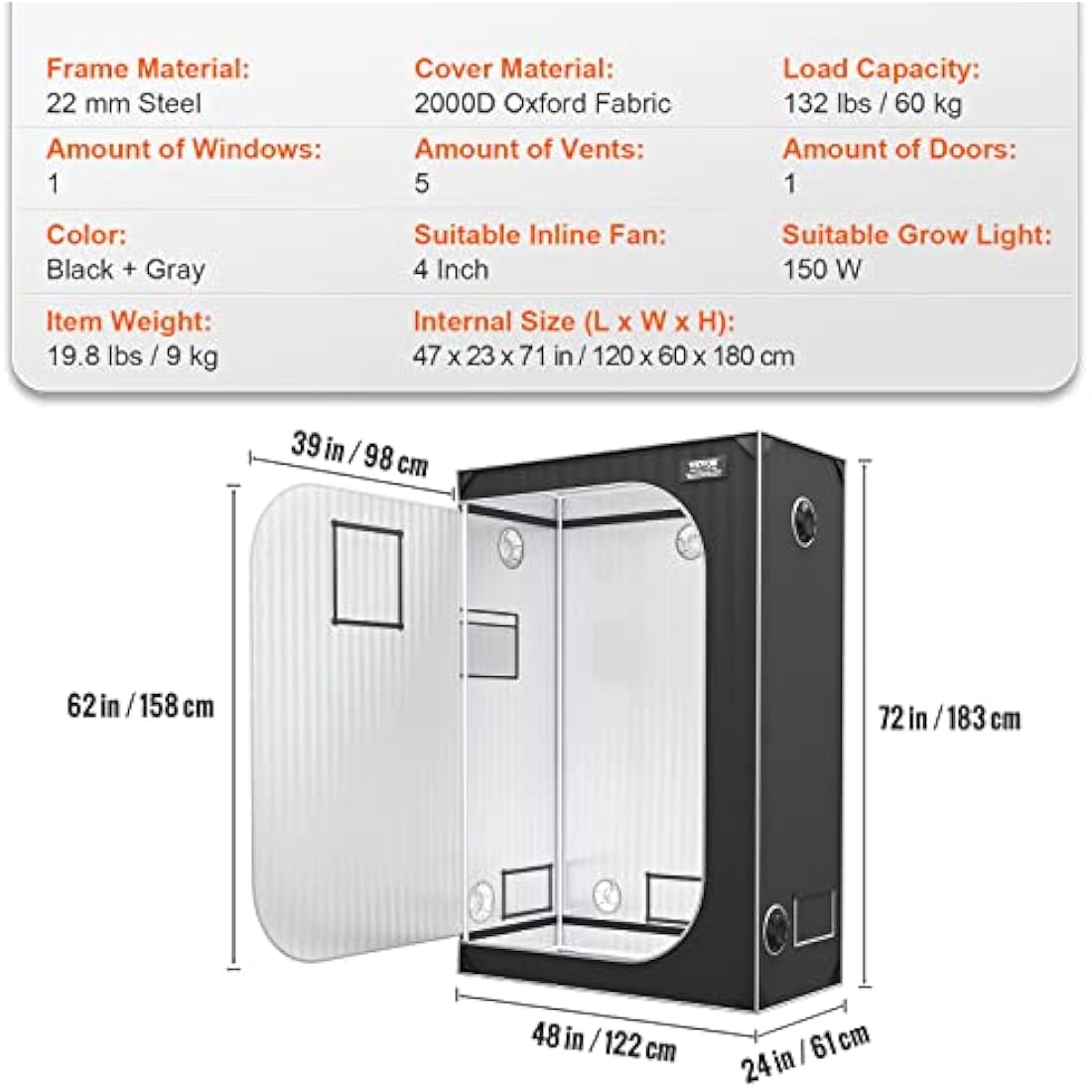 VEVOR 2x4 Grow Tent, 48'' x 24'' x 72'', High Reflective 2000D Mylar Hydroponic Growing Tent with Observation Window, Tool Bag and Floor Tray for Indoor Plants Growing