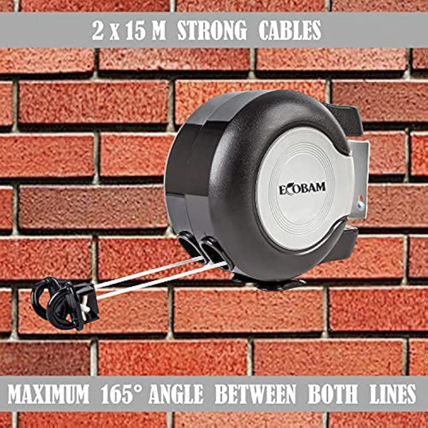EcoBam Retractable Reel Washing Lines, Wall Mounted Laundry Drying Double Clothes Line, Heavy Duty Dual Clothesline Dryer Indoor Outdoor, 30m (2 x 15m) Black