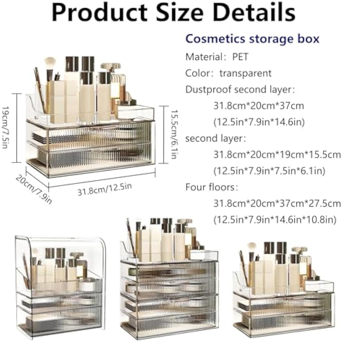 DASITON Clear Dustproof Two layers Storage Box,Makeup Brush Holder,Large Capacity Desktop Storage Box with Drawer,for Beauty Products,Perfume,Jewelry,Nail Polish