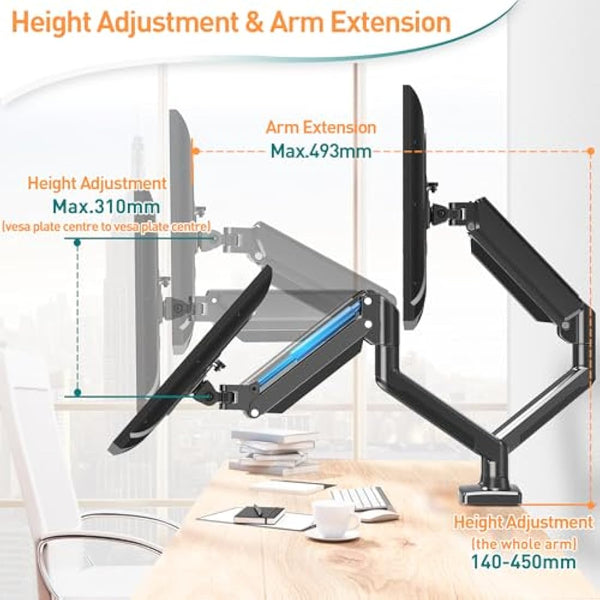 ELIVED Dual Monitor Arm Adjustable, Gas Spring Ergonomic PC Monitor Stand for Most 13-32 Inch Screens with VESA 75x75/100x100, with C-Clamp and Grommet Base, EV005
