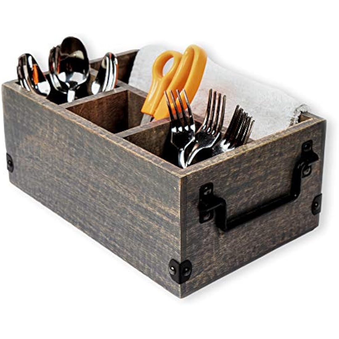 GoCraft 4 Compartment Flatware Caddy, Cutlery Utensil Holder, Silverware Condiment Organizer with Napkin Holder for Kitchen, Dining, Picnics, Grey Washed Mango Wood Caddy with Metal Handles