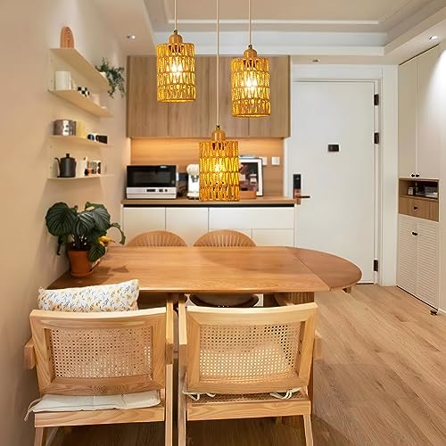 FORCOSO Pendant Lights Rattan 3 Lights, Boho Lamp Hanging Ceiling Light Natural Rattan Lampshade Cord Adjustable 152cm, E27 Vintage Kitchen Light Fitting, Rustic Lamp Fixtures Dining Living Room