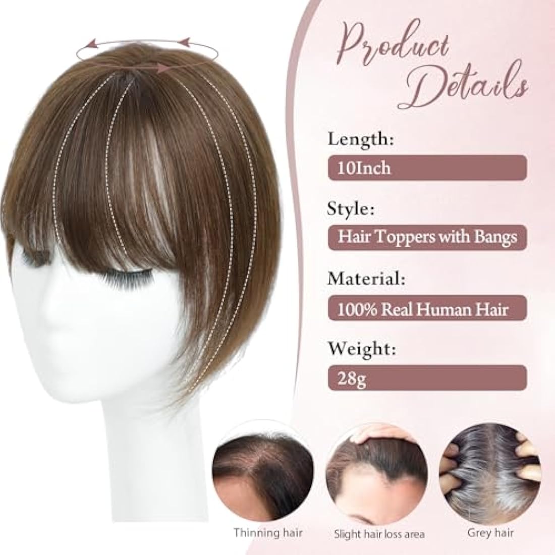 Hair Toppers for Thinning Hair Toppers for Women Real Human HairTopper with Fringe HairPieces for Women with Thinning Swiss Base 10Inch (4#)