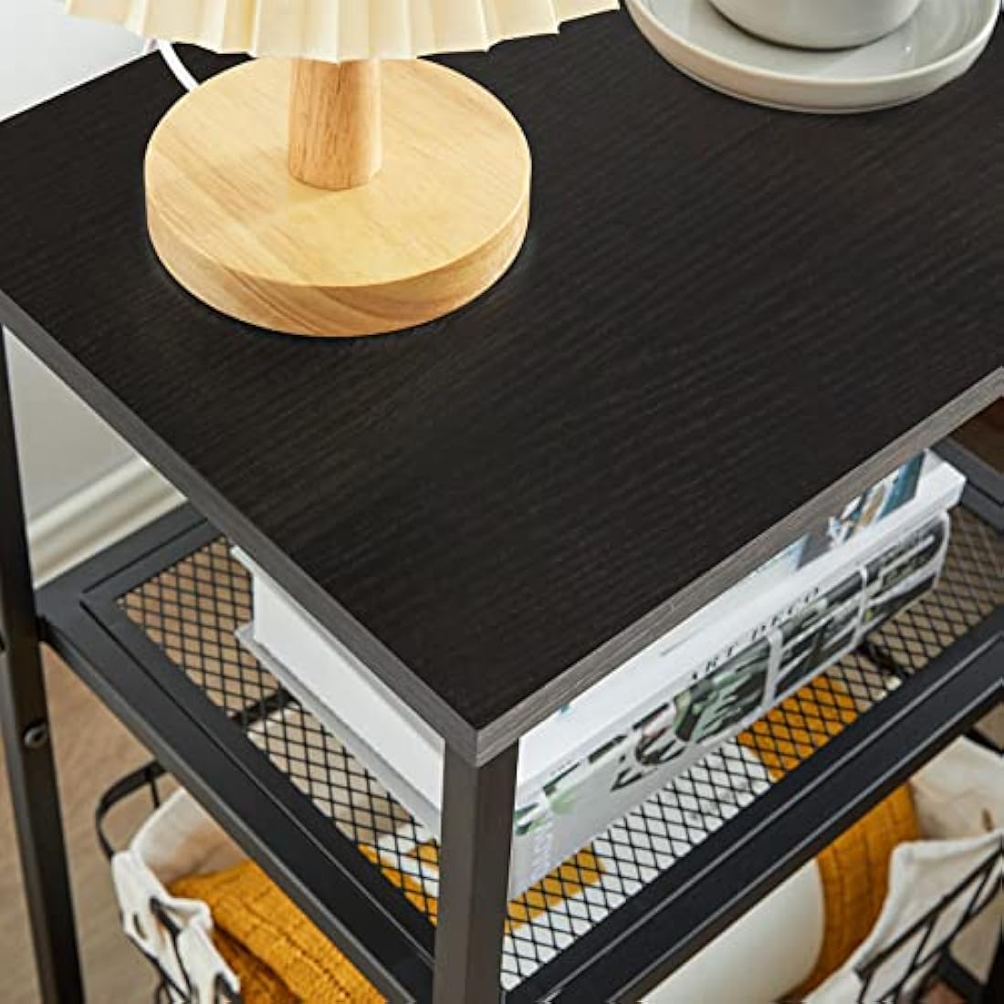 IBUYKE Side Table, 3-Tier End Table, Industrial Nightstand Small Table with Storage Shelf, Bedside Table for Bedroom, Living Room, Hallway, with Metal Frame, Black TMJ403B