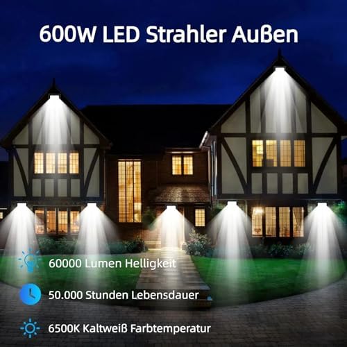 Wegoodlife 600W LED Outdoor Spotlight, Super Bright 60000LM, 6500K Cool White, IP66 Waterproof Floodlight, 50cm Cable, Outdoor Light for Garden, Backyard, Hallway