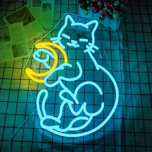 Horseneon Cat and Moon Neon Sign Cat Neon Signs for Wall Decor Moon Neon Light for Bedroom Animal USB Dimmer Neon Sign for Kid's Room Living Room Bar Cat Lovers