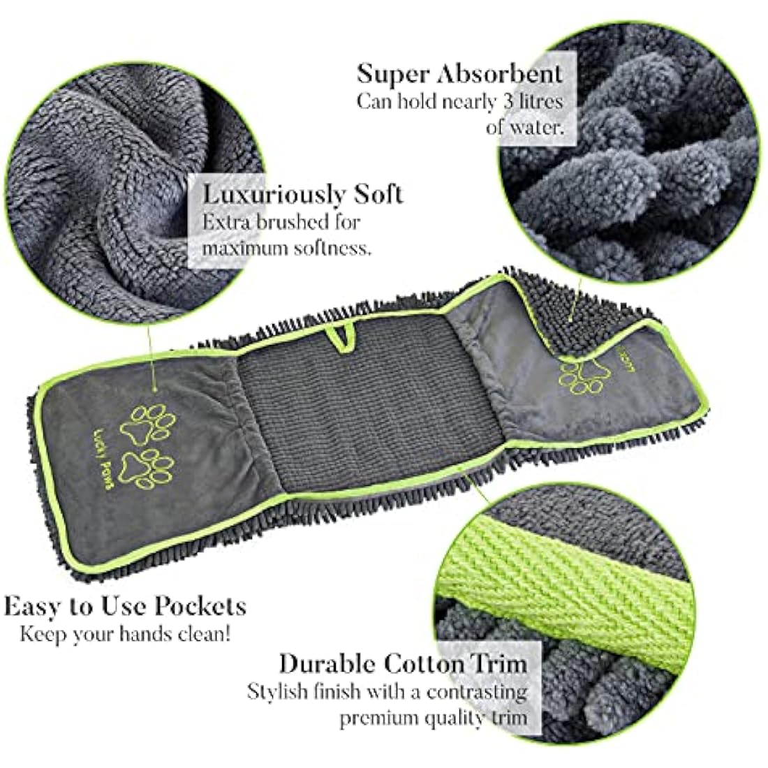 Lucky Paws® Chenille Dog Towel with Hand Pockets - UK Based Seller - Absorbent Microfibre Towel - Fast Drying - Super Soft - Machine Washable & Dryable - 88 x 32cm (Pack of 2, Teal)