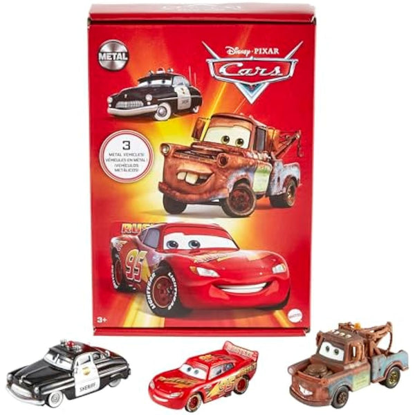 Mattel Disney and Pixar Cars Toys, Radiator Springs 3-Pack with Lightning McQueen, Mater and Sheriff Die-Cast Toy Cars, HBW14