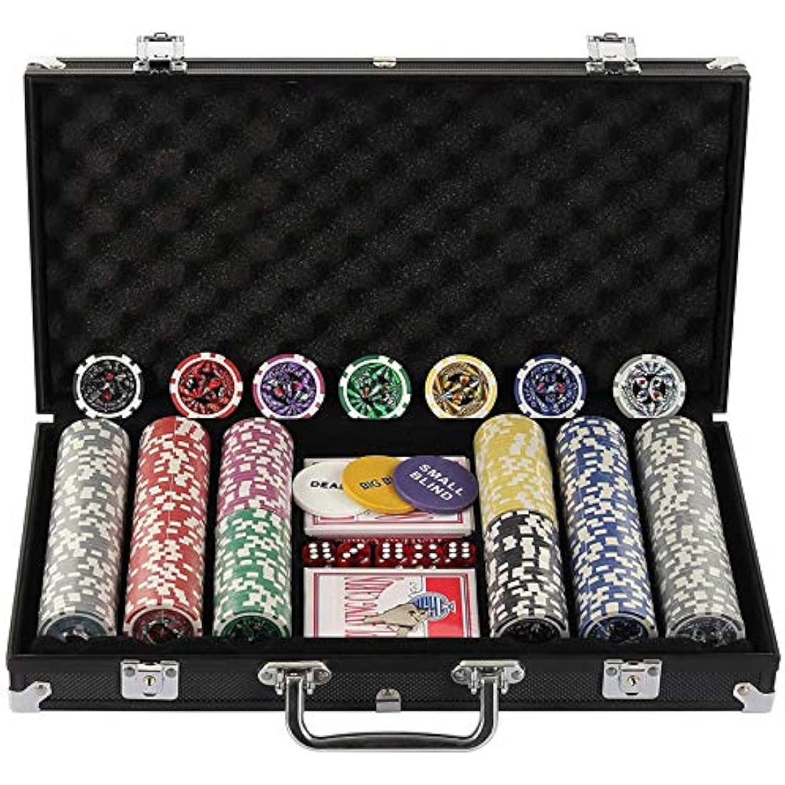 display4top 300 Piece Texas Holdem Poker Chips Set with Aluminum Case,2 Decks of Cards, Dealer, Small Blind, Big Blind Buttons and 5 Dice (300 Piece Chips)
