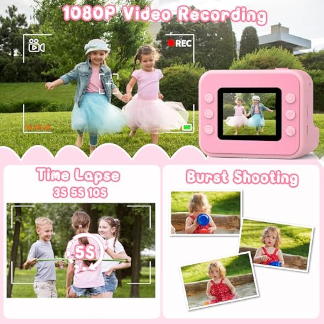 Hangrui Kids Camera Instant Print, 2.4'' Instant Camera for Kids, 1080P Children Cameras with 32GB Card & 3 Rolls Photo Paper, Christmas Birthday Gifts Toys for Girls & Boys Aged 3-12 -Pink