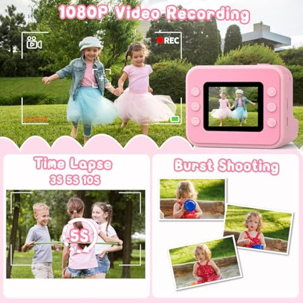 Hangrui Kids Camera Instant Print, 2.4'' Instant Camera for Kids, 1080P Children Cameras with 32GB Card & 3 Rolls Photo Paper, Christmas Birthday Gifts Toys for Girls & Boys Aged 3-12 -Pink