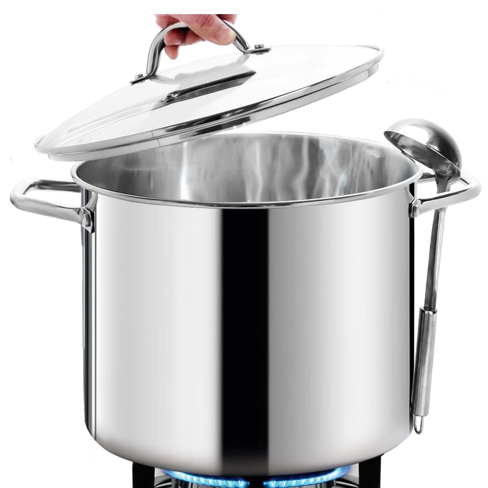 HOMICHEF Large Nickel Free Stainless Steel Stock Pot with Lid (29 cm, 15 Litre) - Mirror Polished Stock Pot 15L with Lid - Heavy Soup Pot Large