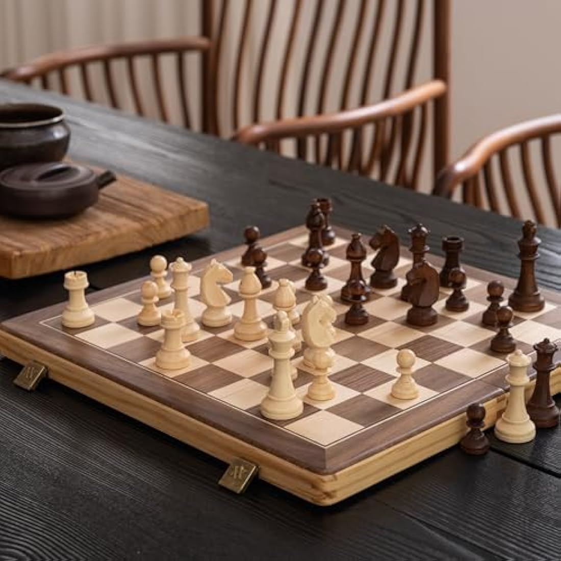 A&A 15" Magnetic Wooden Chess Set/Folding Board / 3" King Height German Knight Staunton Chess Pieces/Walnut & Maple Inlaid /2 Extra Queen