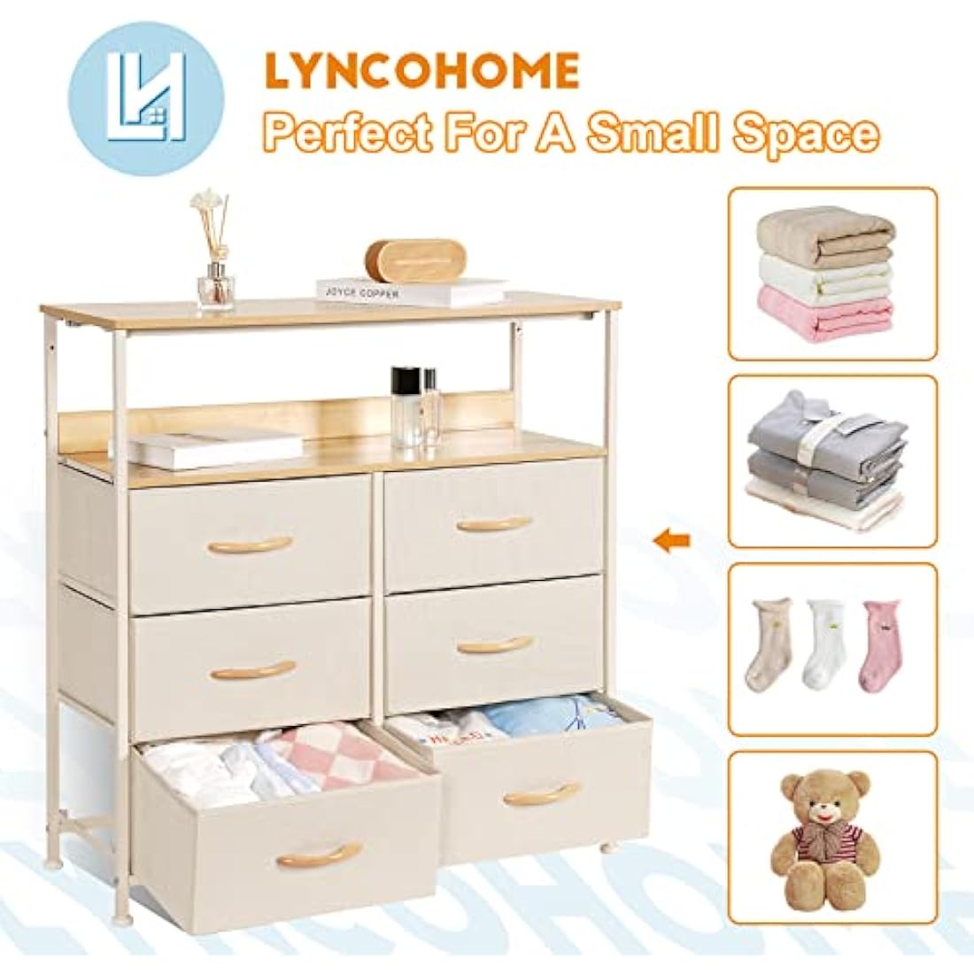LYNCOHOME Chest of Drawers, Fabric Storage Drawers, 6 Drawers Storage Unit with Sturdy Steel Frame and Wood Top, for Bedroom, Sitting room, Closet. (Beige)