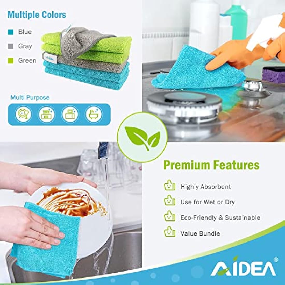 AIDEA Microfibre Cleaning Cloths Pack of 100, Multifunctional Reusable Microfibre Cleaning Towels, Lint Free Streak Free Washable Cloth Duster for House, Kitchen, Car, Motorbike, Windows 30 x30 cm
