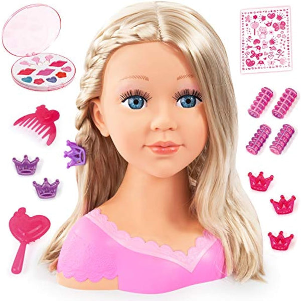Bayer Charlene Super Model 27cm Doll Head for Hair Styling & Accessories - Styling Head with Brush, Comb, Clips & Curlers - Kids Hairdressing Play Set with Cosmetic Palette & Stickers (Ages 3+)