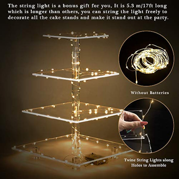 4 Tier Cupcake Stand Acrylic Tower Display with LED Light Premium Holder Dessert Tree Tower for Birthday Cady Bar Décor Weddings, Parties Events (Yellow Light)