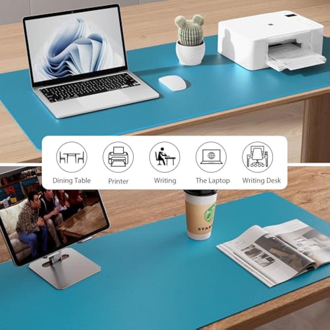 Aothia Leather Desk Mat, Large Mouse Pad, Non-Slip Desk Pad Desk Protector Mat, Waterproof PU Leather Laptop Mat Table Mat Desk Writing Pad for Office and Home (91cmx43cm, Turquoise Blue)