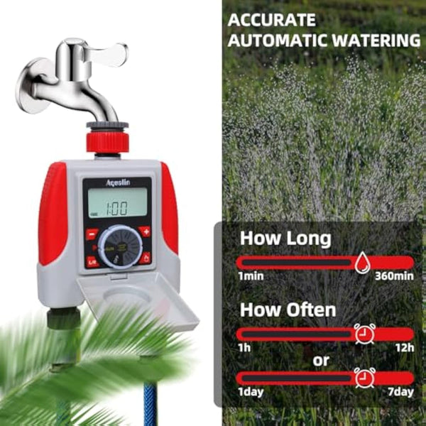 Aqualin Water Sprinkler Timer Two Outlets Electronic Hose Tap Garden Irrigation System Controller Watering Computer Waterproof for Lawn Yard