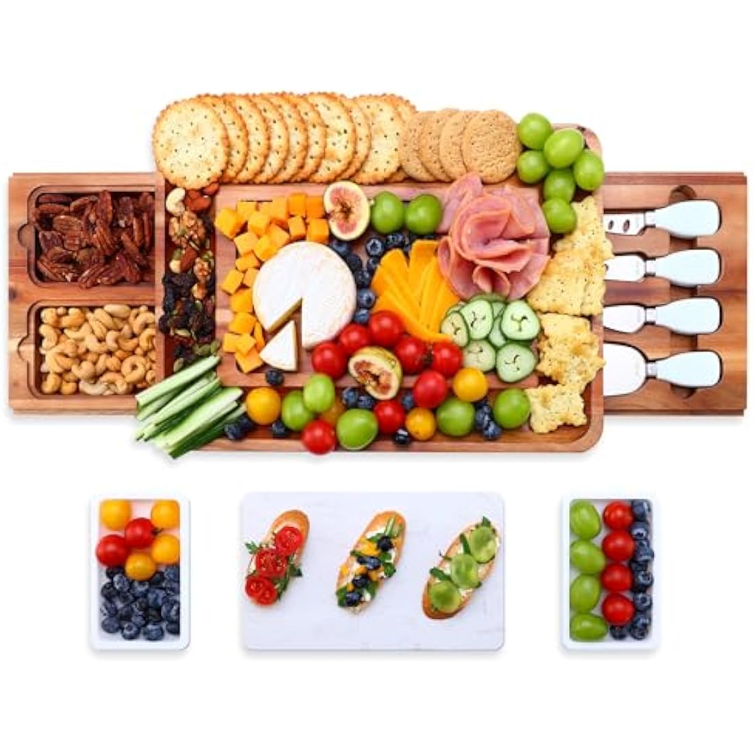 hecef Acacia Wood Cheese Board Set, Cheese Platter with 2 Slide-Out Drawers& Cutlery Set& Snack Plates& Marble Cheese Slate, Charcuterie Board for Serving Housewarming Gifts (White)