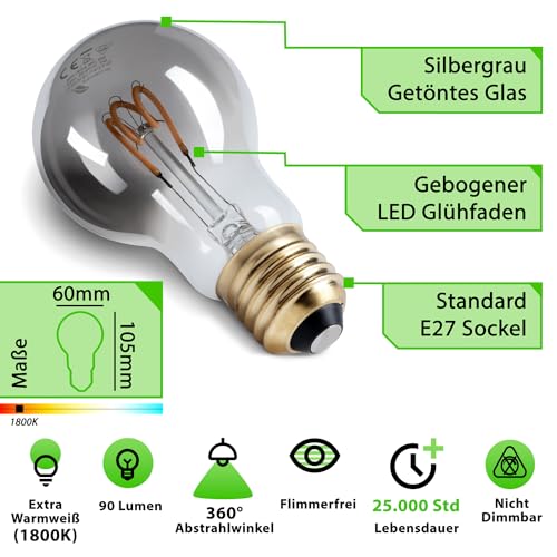 greenandco E27 A60 LED Vintage Filament Bulb Silver Grey 3W 90lm 1800K Extra Warm White 360 230V, no Flicker, not dimmable, 10-Pack