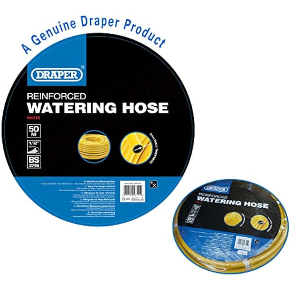 Draper 56315 Reinforced Watering Hose, 12mm Bore, 50m, Yellow