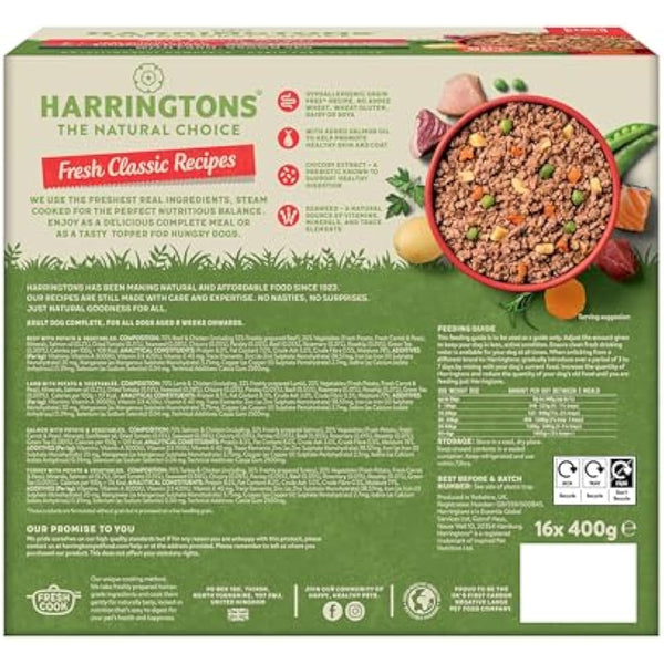 Harringtons Complete Wet Tray Grain Free Hypoallergenic Adult Dog Food Classics Bumper Pack 16x400g - Turkey, Lamb, Beef & Salmon - Made with All Natural Ingredients (Packaging may vary)