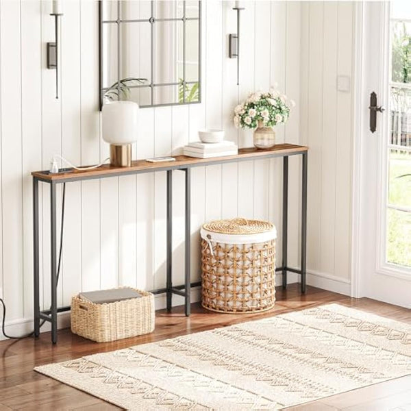 HOOBRO Narrow Console Table with Charging Station, 160 cm Behind Sofa Couch Table, Long Hallway Table, Slim Console Table for Hallway, Entryway, Living Room, Rustic Brown and Black EBF165KXG01