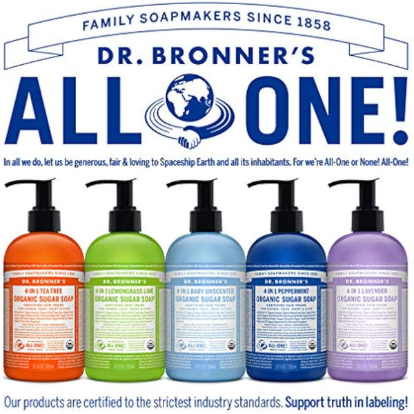 Dr Bronner’s 4-in-1 Organic Peppermint Soap, Made with Organic Oils and Shikakai Powder, For Hands, Body, Face & Hair, Fair Trade Certified & Vegan Friendly, 335ml Recycled Pump Bottle