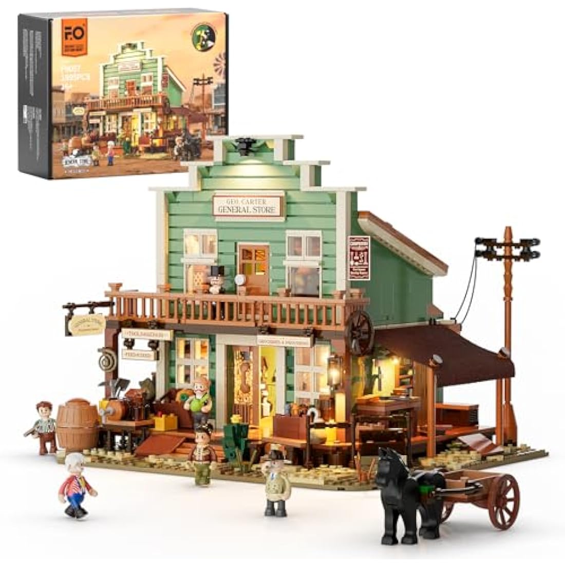 FUNWHOLE Western General Store Building Set – 1895 PCS Wild West Town Model Kit with Removable Roof, Hidden Chamber, Vintage Details, Modular Design – Story Playset for Adults & Teens