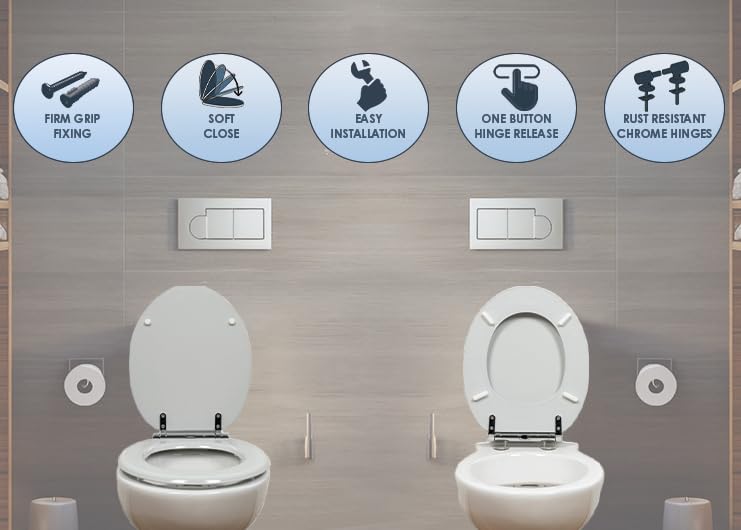 AQUALONA® Luxury Soft Close Toilet Seat - Moulded Wood - Stainless Steel Slow Close Hinges - Click, Lift & Clean Technology (Bamboo Toilet Seat)