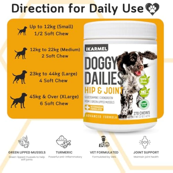 iKarmel Joint Supplements for Dogs | Hip and Joint Care | with Glucosamine, Chondroitin, and Green-Lipped Mussels | Puppy to Senior Dog Treats for Stiff Joints (270 Chews)