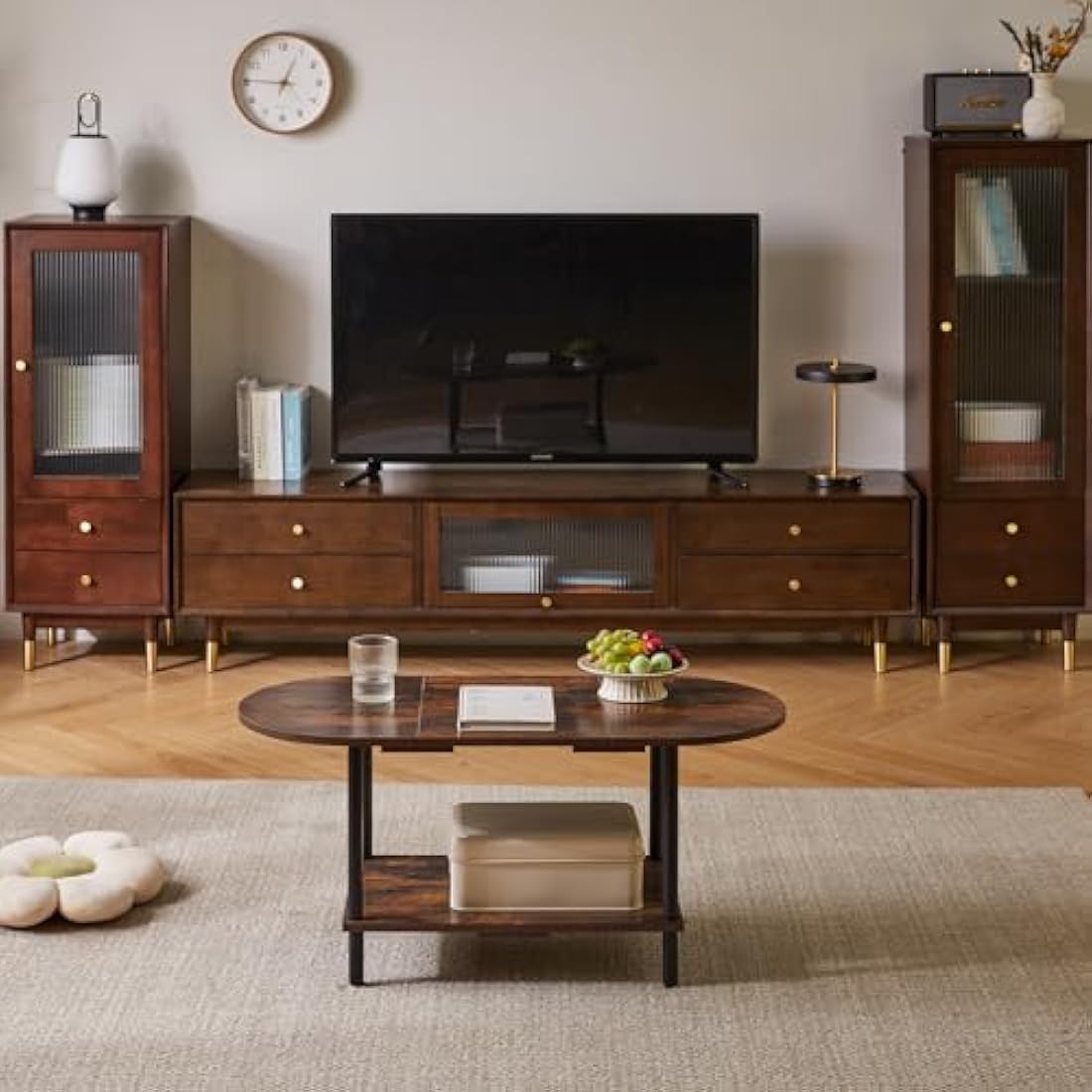 Aibiju Small Coffee Table, Living Room Table, Wooden Coffee Table with 2 Tier Storage Shelves for Living Room/Office, 35x16x17inch Rustic Brown+Black Legs, YD-011H