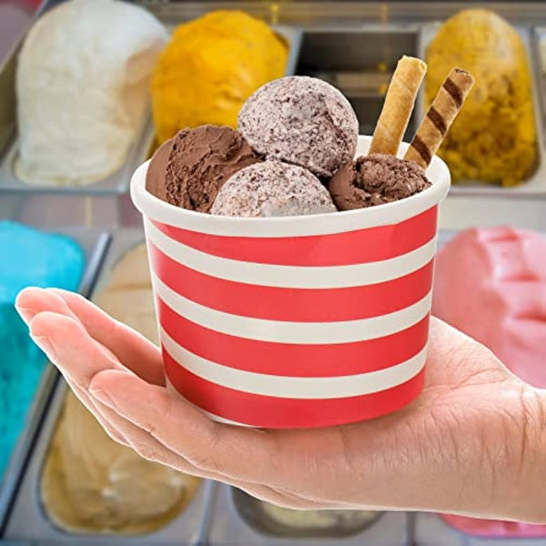 Hacaroa 150 Count 240 ml Paper Ice Cream Cups, Disposable Dessert Bowls Sundae Cup Party Supplies Treat Cups for Frozen Yogurt, Hot and Cold Food, 3 Colors Stripes
