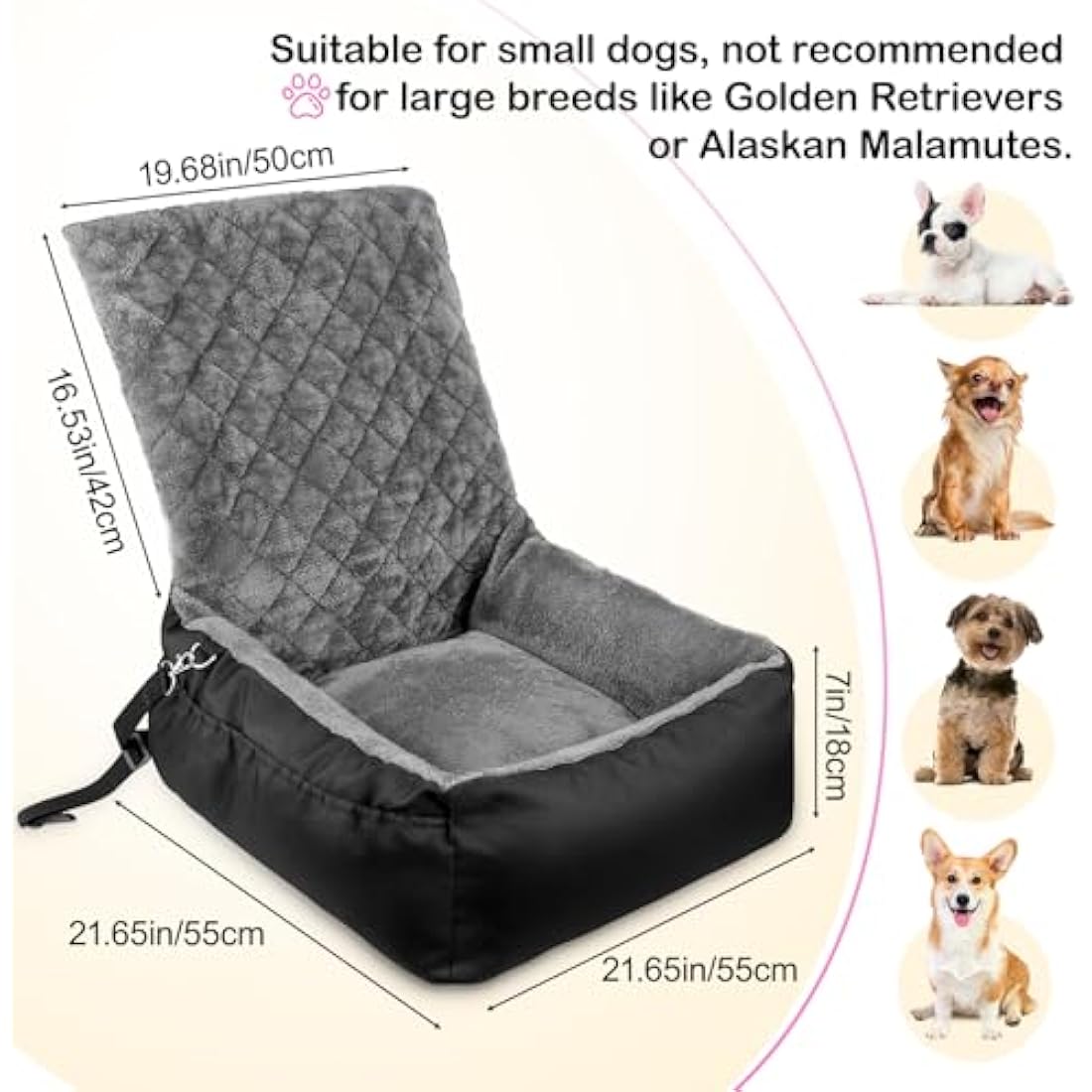 Dog Car Booster Seat for Small Dogs, Black Plush & Cosy Pet Travel Bed with Storage Pocket, Washable & Scratch Proof Pet Car Seat Bed for Back and Front Seat, Comes with a Safety Leash, Black