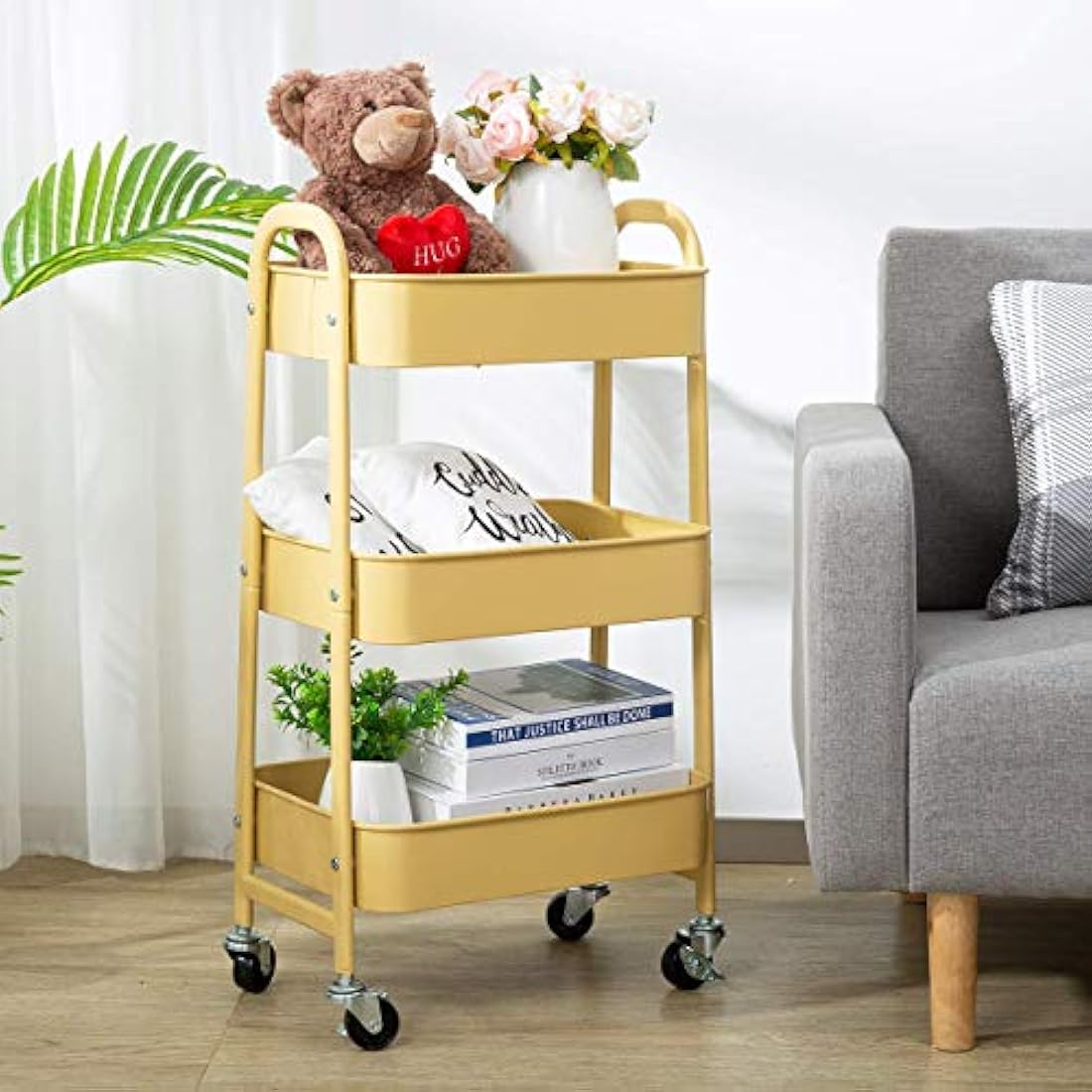 DOEWORKS Storage Trolley on Wheels 3-Tier Metal Storage Cart Rolling Kitchen Trolley Beauty Trolleys Craft Trolleys Utility Cart for Room Bathroom Office, Khaki Yellow
