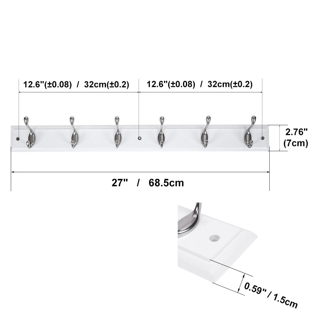 DOKEHOM [2 Pack 6-Satin Nickel Hooks on White Wooden Board Wall Mounted Coat Hook Rack Hanger