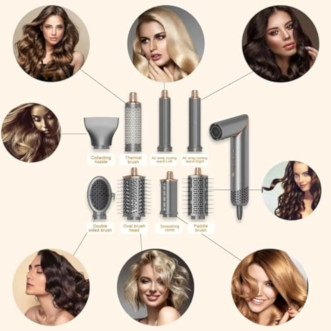 8 in 1 Hair Dryer Brush Set Air Hair Styler Curling Negative Ionic Foldable Hot Air Hair Dryer Brush, Hair Styling Tool for Curling Waves Straightening Volume Blowout Styles